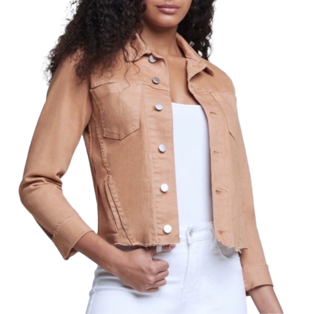 L’AGENCE Cropped Denim Stretch Jean Jacket Raw Hem  Blush Pink Designer Spring